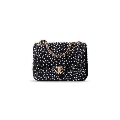 CHANEL MINI CLASSIC FLAP BAG PEARL AND SEQUINS & GOLD METAL BLACK 295847 (20*12*6cm)